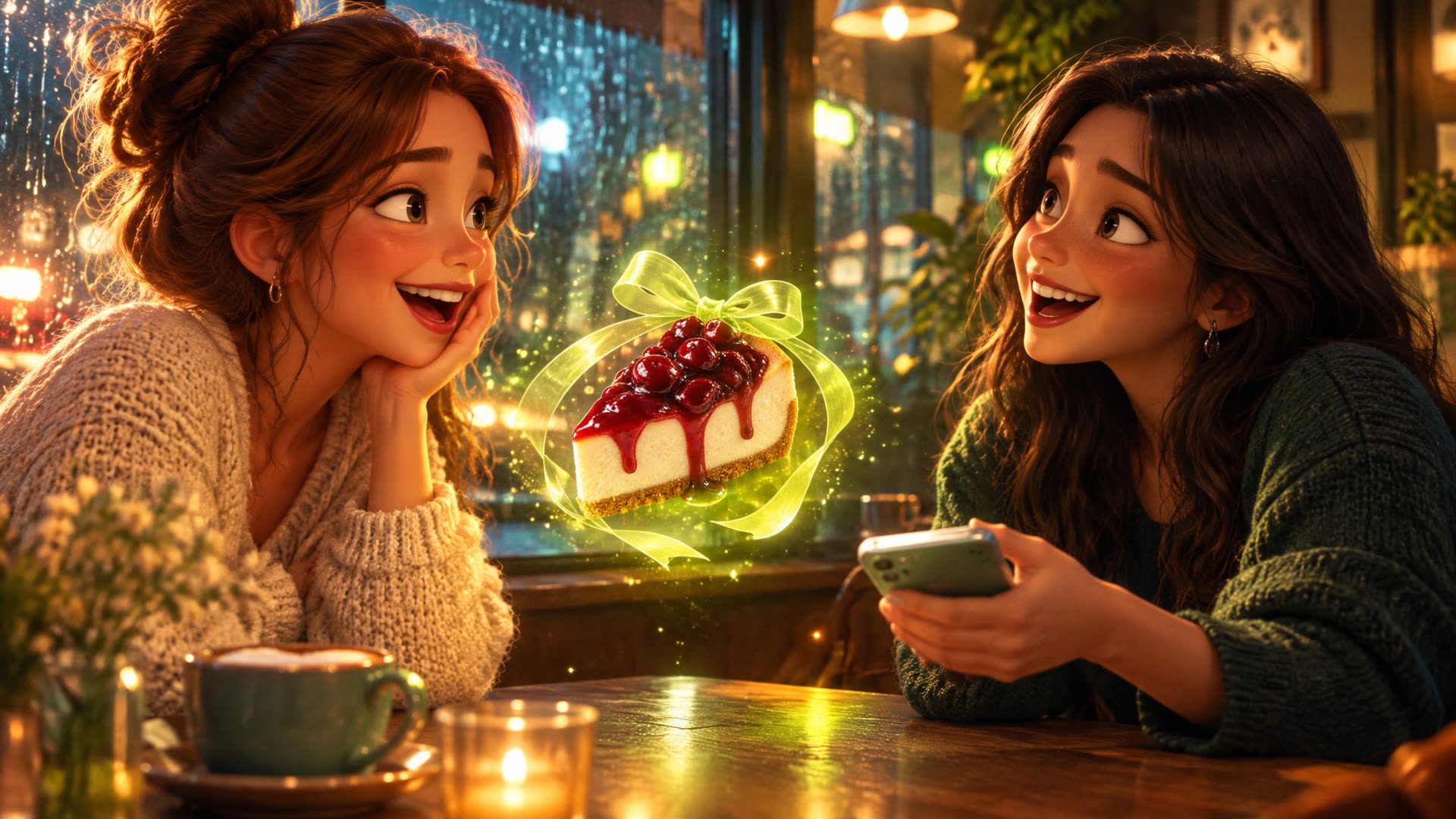 Two friends in a café; a glowing cheesecake gift floats between them